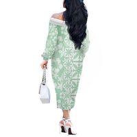 Pastel Green Kahili Quilt Hawaii Off The Shoulder Long Sleeve Dress Tropical Flower Seamless Half Style LT14 - Polynesian Pride
