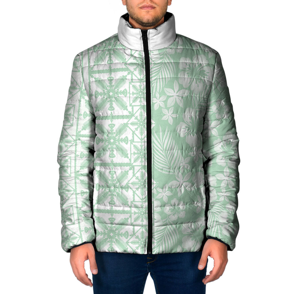 Pastel Green Kahili Quilt Hawaii Padded Jacket Tropical Flower Seamless Half Style