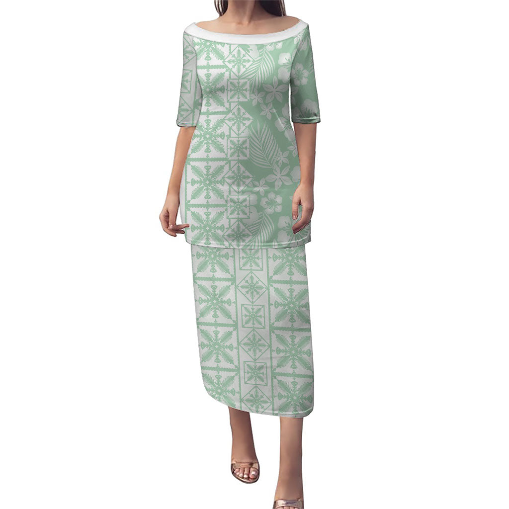 Pastel Green Kahili Quilt Hawaii Puletasi Tropical Flower Seamless Half Style LT14 Long Dress Green - Polynesian Pride