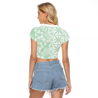 Pastel Green Kahili Quilt Hawaii Raglan Cropped T Shirt Tropical Flower Seamless Half Style