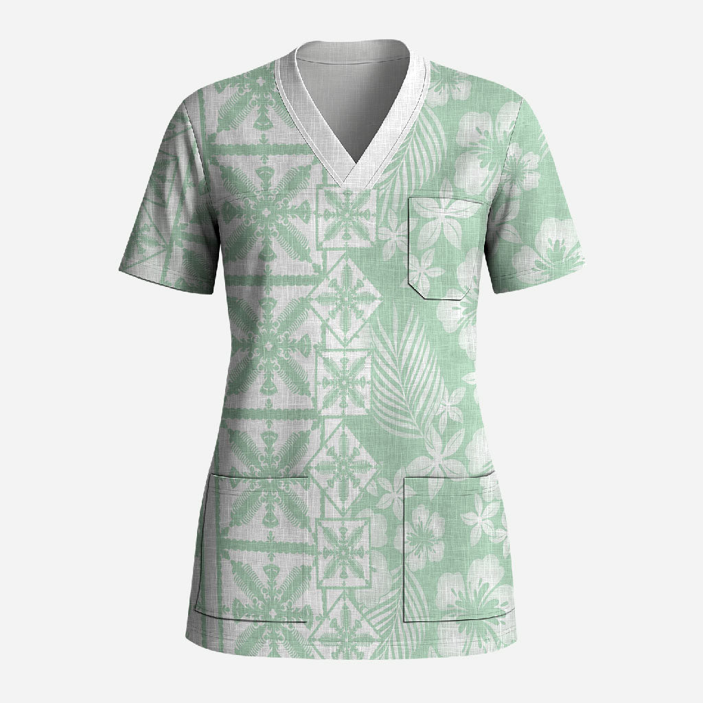 Pastel Green Kahili Quilt Hawaii Scrub Top Tropical Flower Seamless Half Style
