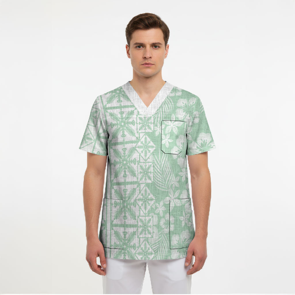 Pastel Green Kahili Quilt Hawaii Scrub Top Tropical Flower Seamless Half Style
