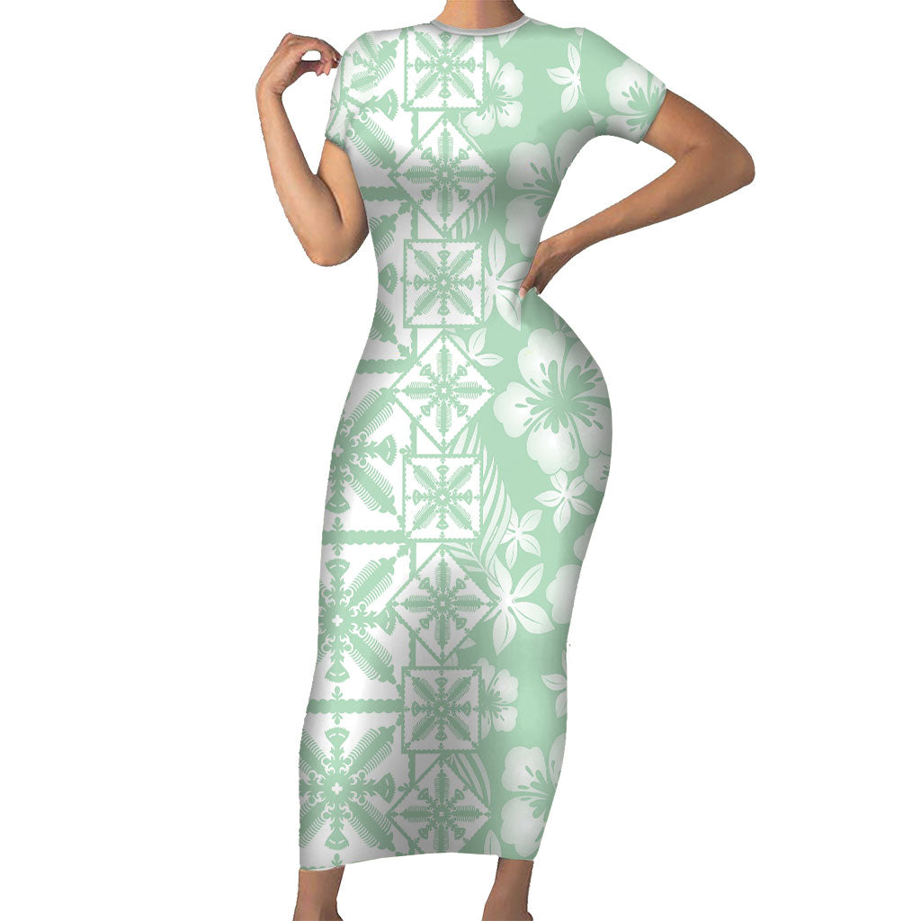 Pastel Green Kahili Quilt Hawaii Short Sleeve Bodycon Dress Tropical Flower Seamless Half Style LT14 Long Dress Green - Polynesian Pride