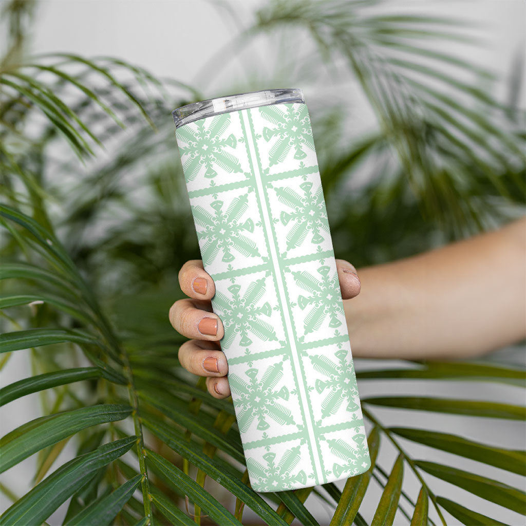 Pastel Green Kahili Quilt Hawaii Skinny Tumbler Tropical Flower Seamless Half Style LT14 - Polynesian Pride