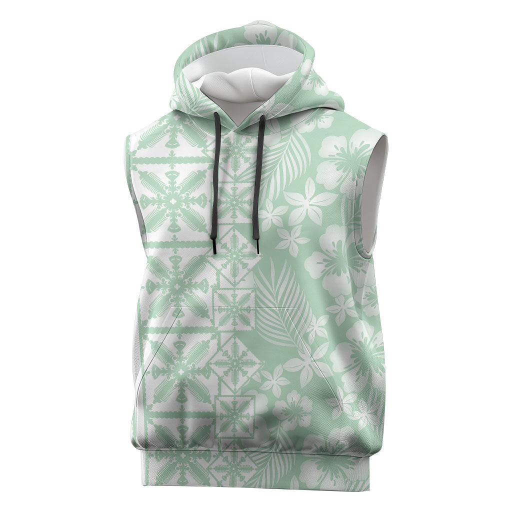 Pastel Green Kahili Quilt Hawaii Sleeveless Hoodie Tropical Flower Seamless Half Style