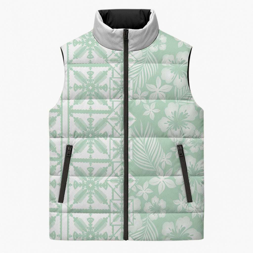 Pastel Green Kahili Quilt Hawaii Sleeveless Puffer Jacket Tropical Flower Seamless Half Style LT14 Unisex Green - Polynesian Pride