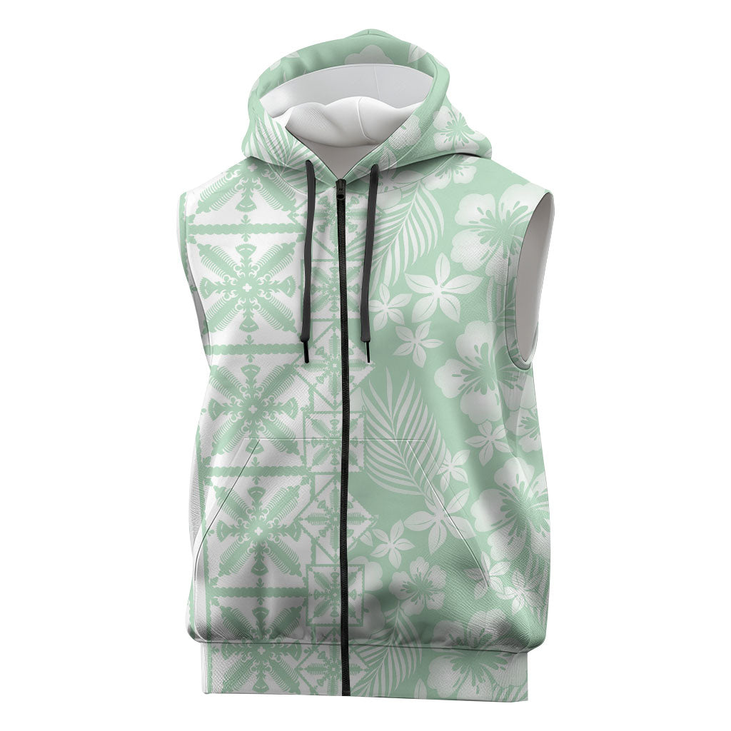Pastel Green Kahili Quilt Hawaii Sleeveless Zip Hoodie Tropical Flower Seamless Half Style LT14 Green - Polynesian Pride