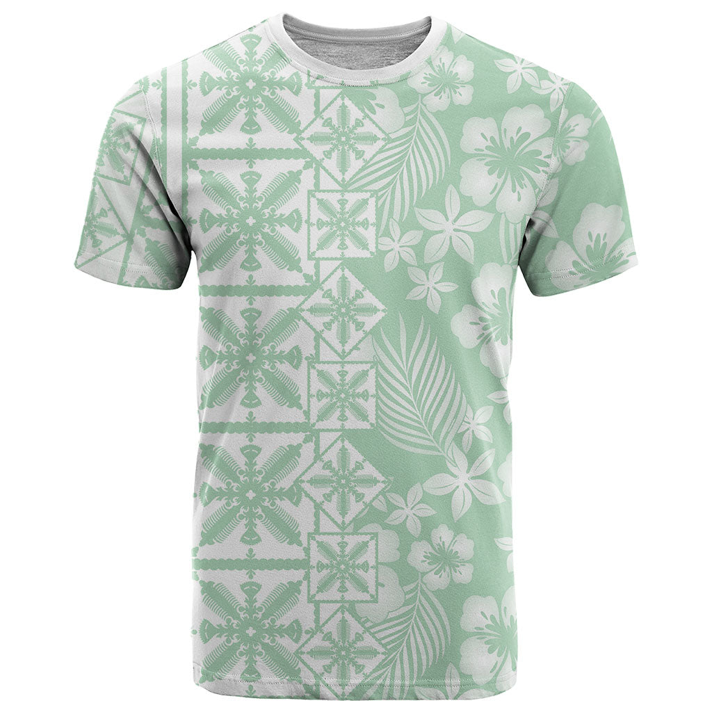 Pastel Green Kahili Quilt Hawaii T Shirt Tropical Flower Seamless Half Style LT14 Green - Polynesian Pride