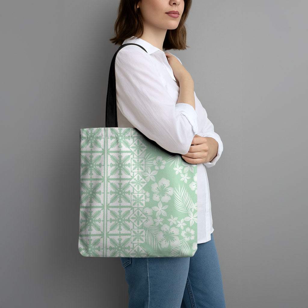 Pastel Green Kahili Quilt Hawaii Tote Bag Tropical Flower Seamless Half Style LT14 - Polynesian Pride
