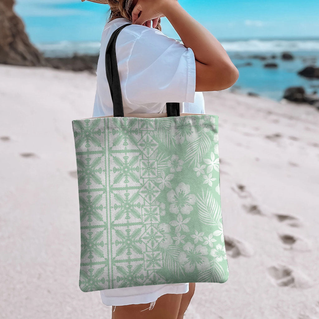 Pastel Green Kahili Quilt Hawaii Tote Bag Tropical Flower Seamless Half Style LT14 - Polynesian Pride