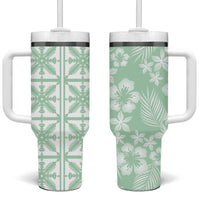 Pastel Green Kahili Quilt Hawaii Tumbler With Handle Tropical Flower Seamless Half Style LT14 One Size: 40 oz Green - Polynesian Pride