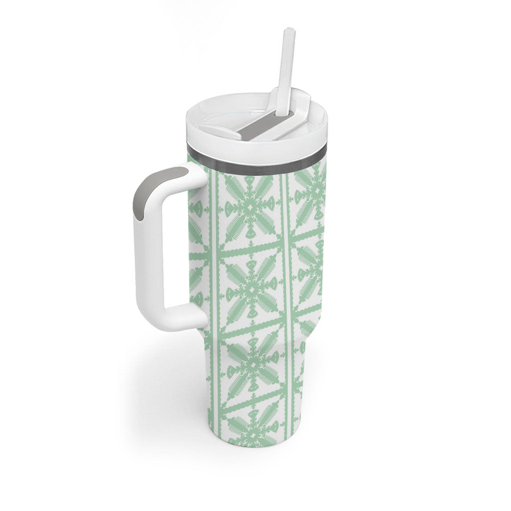 Pastel Green Kahili Quilt Hawaii Tumbler With Handle Tropical Flower Seamless Half Style LT14 - Polynesian Pride