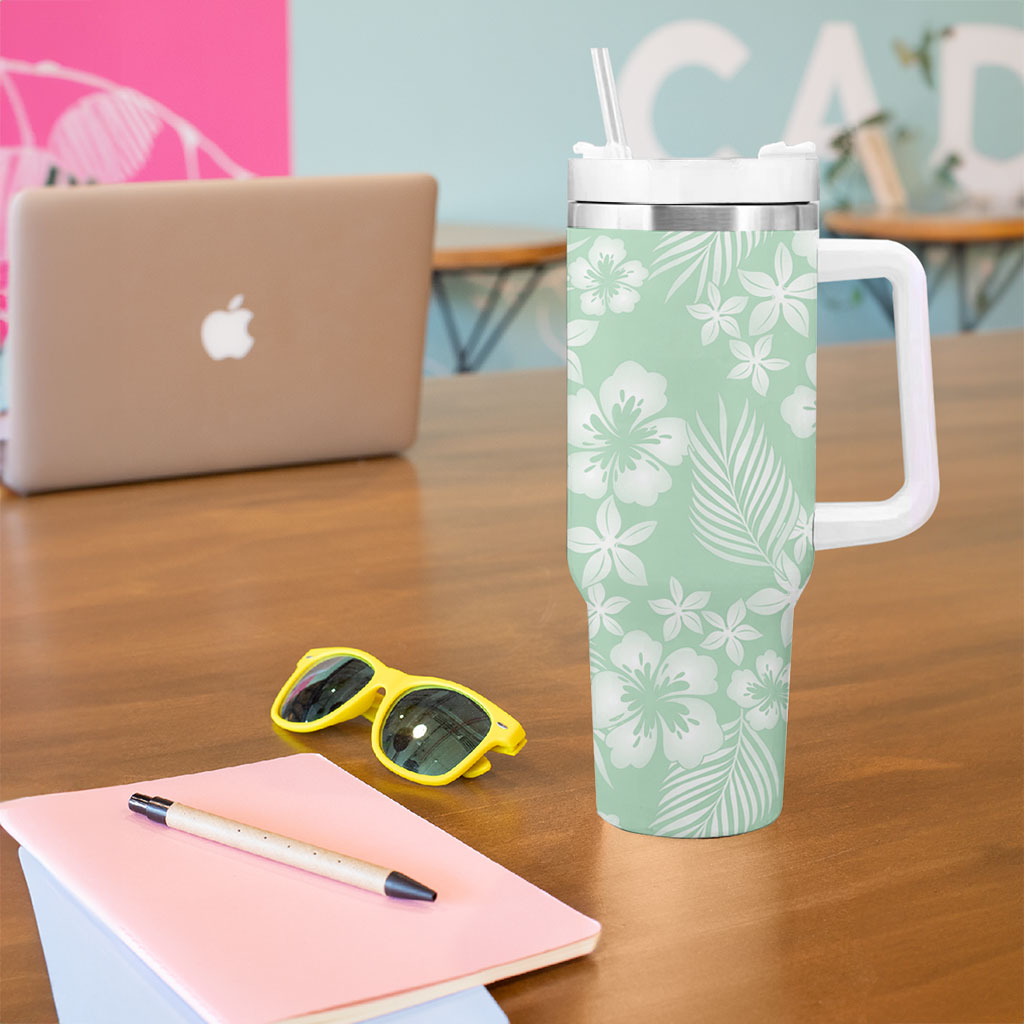 Pastel Green Kahili Quilt Hawaii Tumbler With Handle Tropical Flower Seamless Half Style LT14 - Polynesian Pride