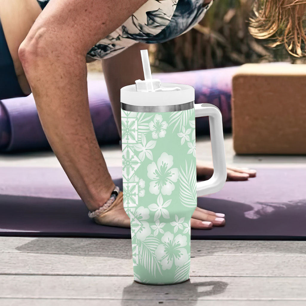 Pastel Green Kahili Quilt Hawaii Tumbler With Handle Tropical Flower Seamless Half Style LT14 - Polynesian Pride