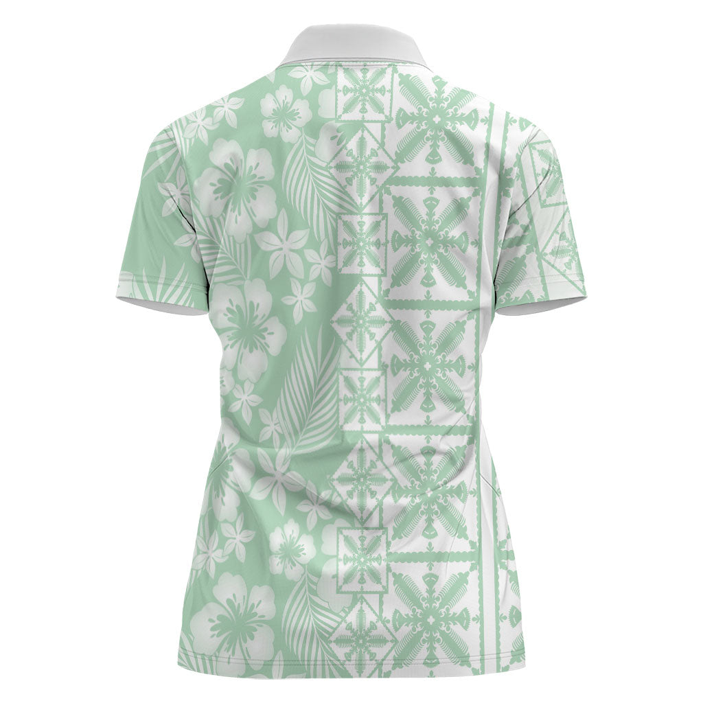 Pastel Green Kahili Quilt Hawaii Women Polo Shirt Tropical Flower Seamless Half Style LT14 - Polynesian Pride