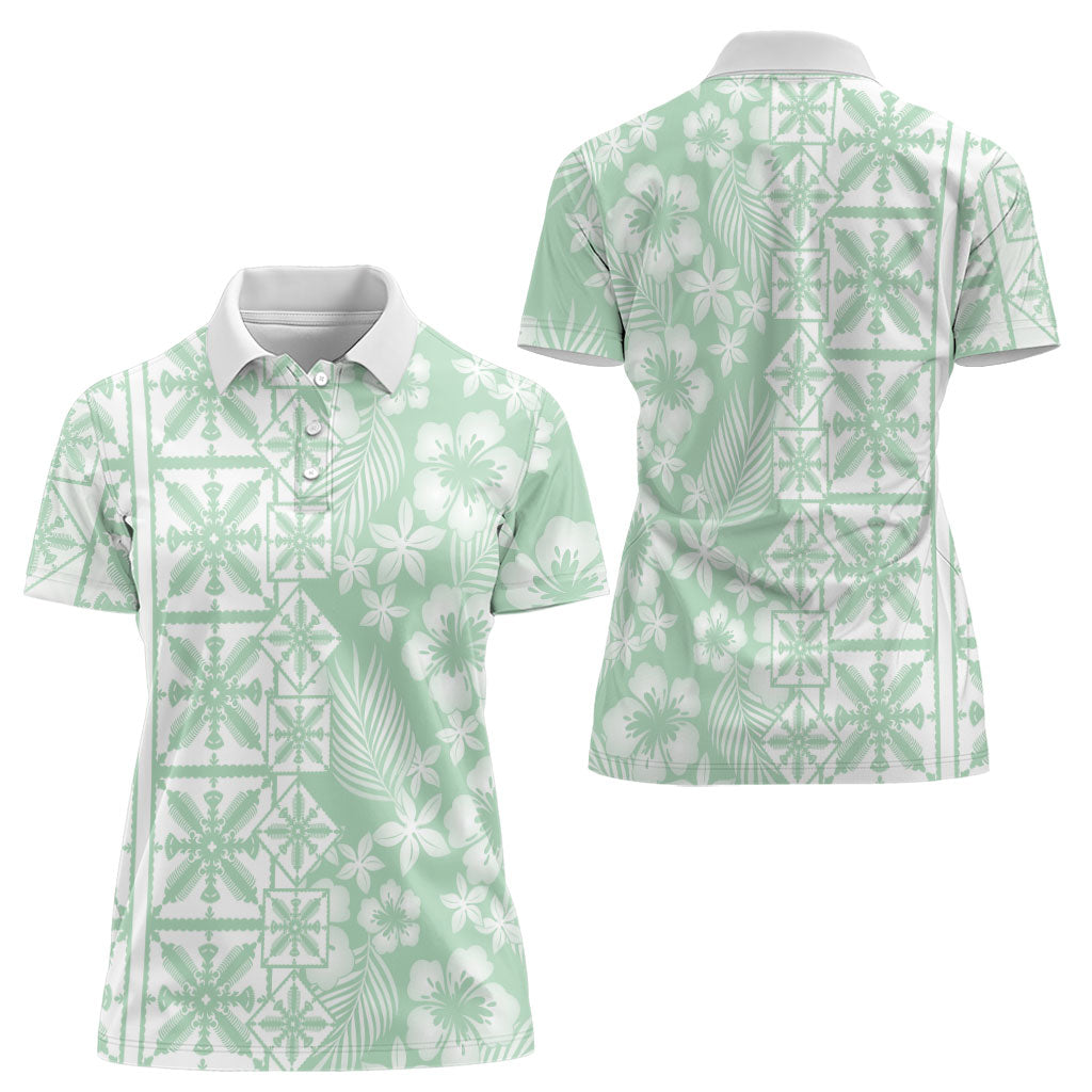 Pastel Green Kahili Quilt Hawaii Women Polo Shirt Tropical Flower Seamless Half Style LT14 - Polynesian Pride