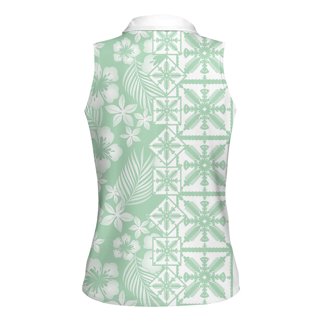 Pastel Green Kahili Quilt Hawaii Women Sleeveless Polo Shirt Tropical Flower Seamless Half Style LT14 - Polynesian Pride
