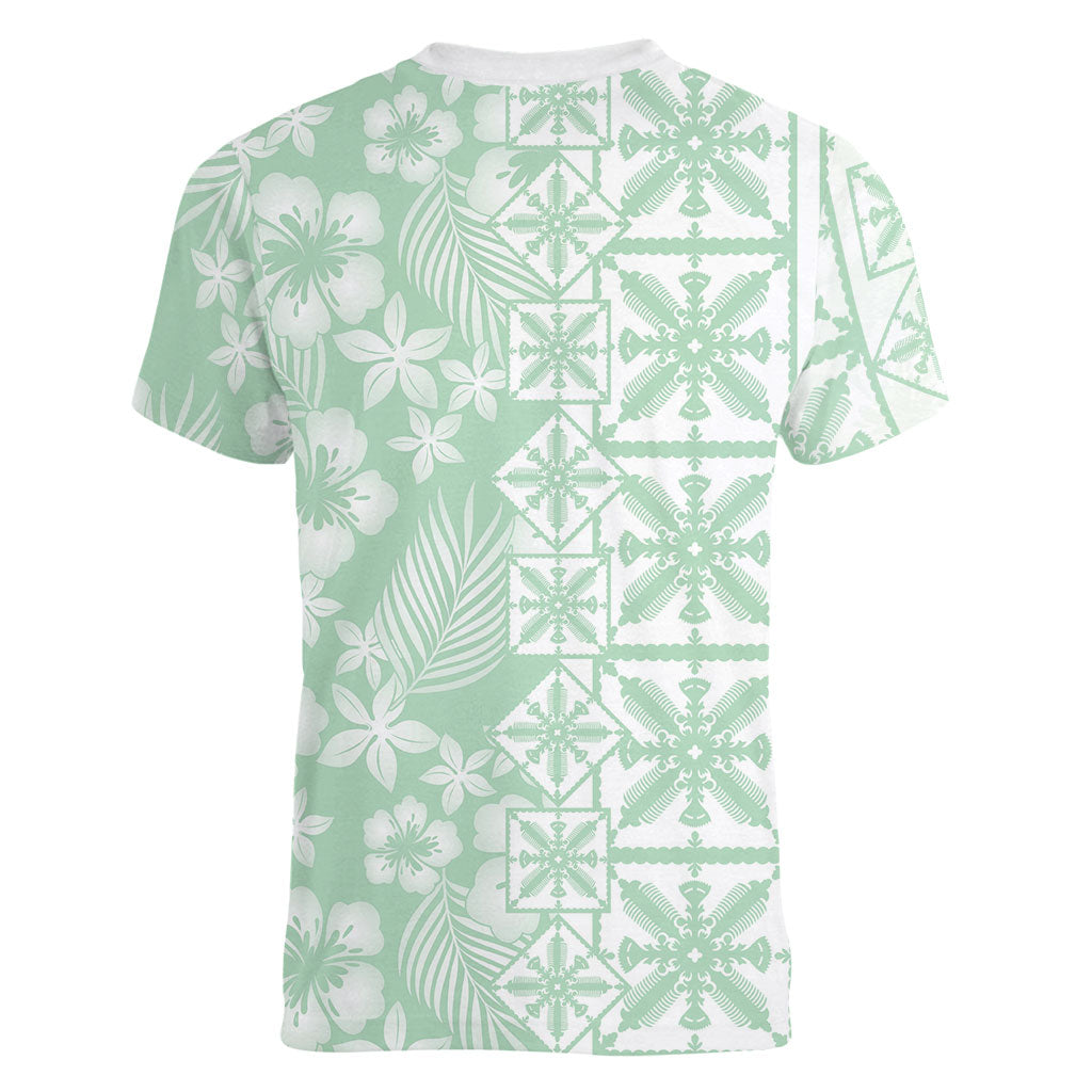 Pastel Green Kahili Quilt Hawaii Women V-Neck T-Shirt Tropical Flower Seamless Half Style LT14 - Polynesian Pride