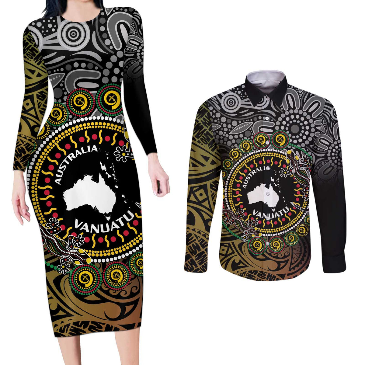 Personalised Australia And Vanuatu Couples Matching Long Sleeve Bodycon Dress and Long Sleeve Button Shirt Aboriginal Lizard Polynesia Ni-Van Pig Tusk LT14 Black - Polynesian Pride
