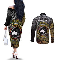 Personalised Australia And Vanuatu Couples Matching Off The Shoulder Long Sleeve Dress and Long Sleeve Button Shirt Aboriginal Lizard Polynesia Ni-Van Pig Tusk LT14 - Polynesian Pride