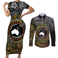 Personalised Australia And Vanuatu Couples Matching Short Sleeve Bodycon Dress and Long Sleeve Button Shirt Aboriginal Lizard Polynesia Ni-Van Pig Tusk LT14 Black - Polynesian Pride