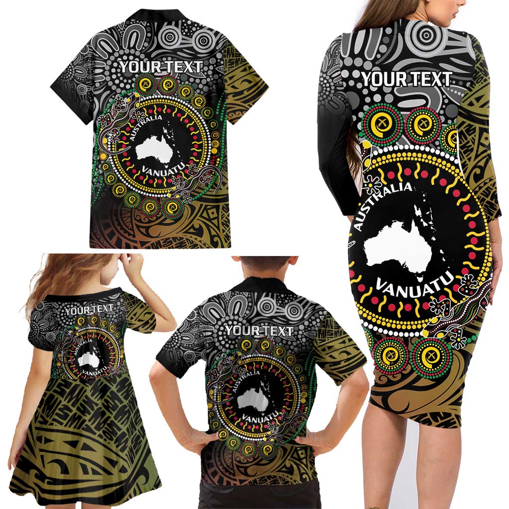 Personalised Australia And Vanuatu Family Matching Long Sleeve Bodycon Dress and Hawaiian Shirt Aboriginal Lizard Polynesia Ni-Van Pig Tusk
