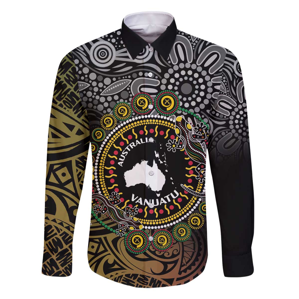 Personalised Australia And Vanuatu Family Matching Off Shoulder Short Dress and Hawaiian Shirt Aboriginal Lizard Polynesia Ni-Van Pig Tusk LT14 Dad's Shirt - Long Sleeve Black - Polynesian Pride