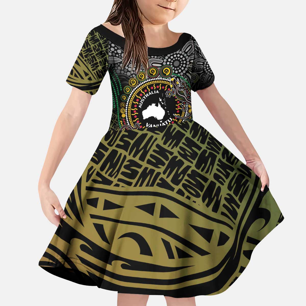 Personalised Australia And Vanuatu Family Matching Puletasi and Hawaiian Shirt Aboriginal Lizard Polynesia Ni-Van Pig Tusk LT14 Daughter's Dress Black - Polynesian Pride