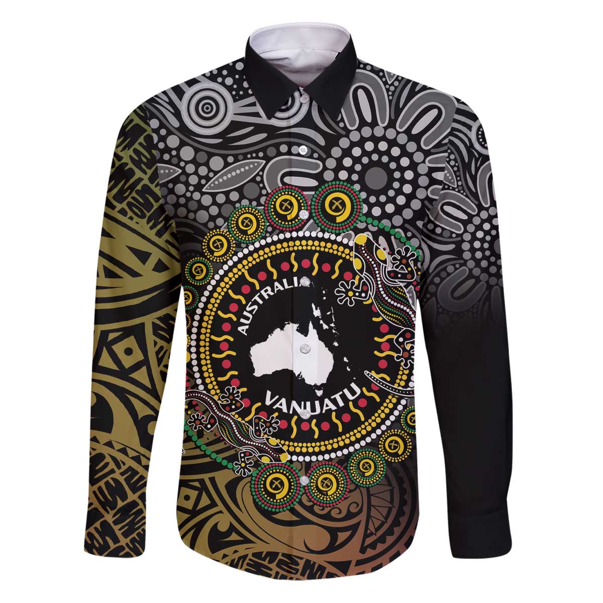 Personalised Australia And Vanuatu Family Matching Puletasi and Hawaiian Shirt Aboriginal Lizard Polynesia Ni-Van Pig Tusk LT14 Dad's Shirt - Long Sleeve Black - Polynesian Pride