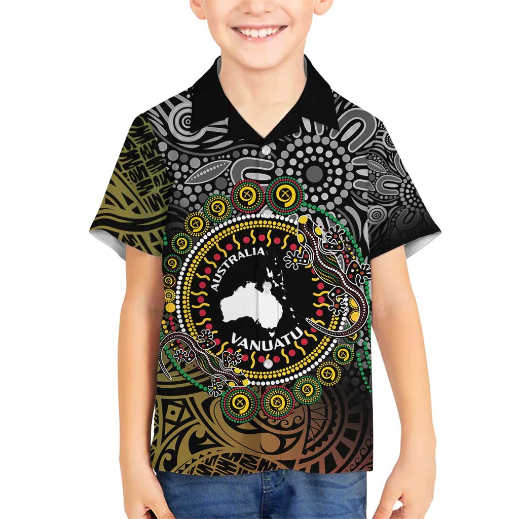 Personalised Australia And Vanuatu Family Matching Summer Maxi Dress and Hawaiian Shirt Aboriginal Lizard Polynesia Ni-Van Pig Tusk LT14 Son's Shirt Black - Polynesian Pride