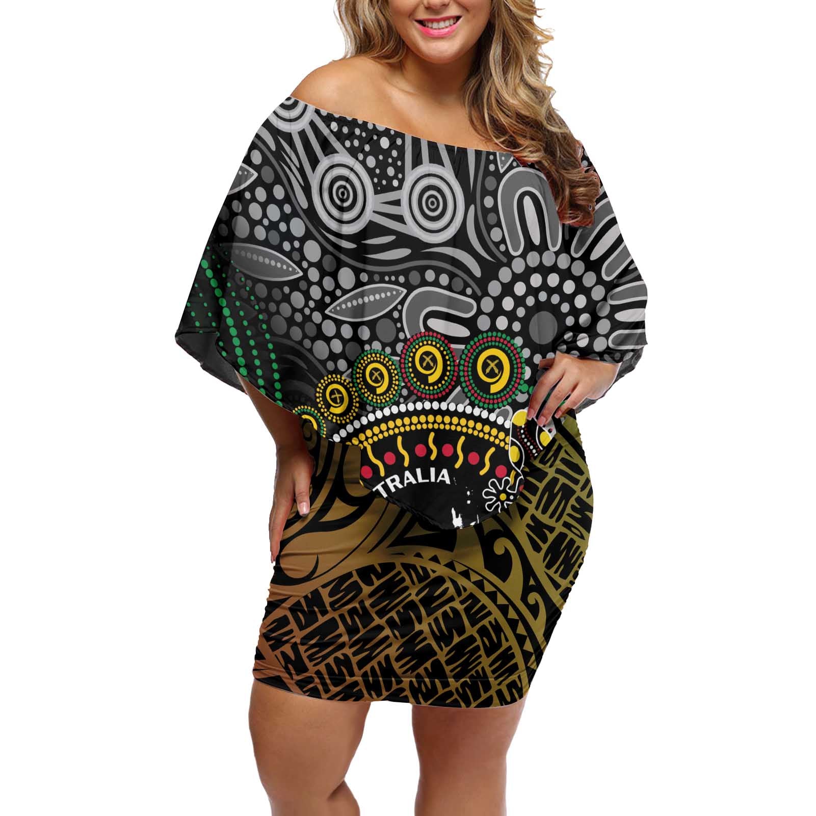 Personalised Australia And Vanuatu Off Shoulder Short Dress Aboriginal Lizard Polynesia Ni-Van Pig Tusk