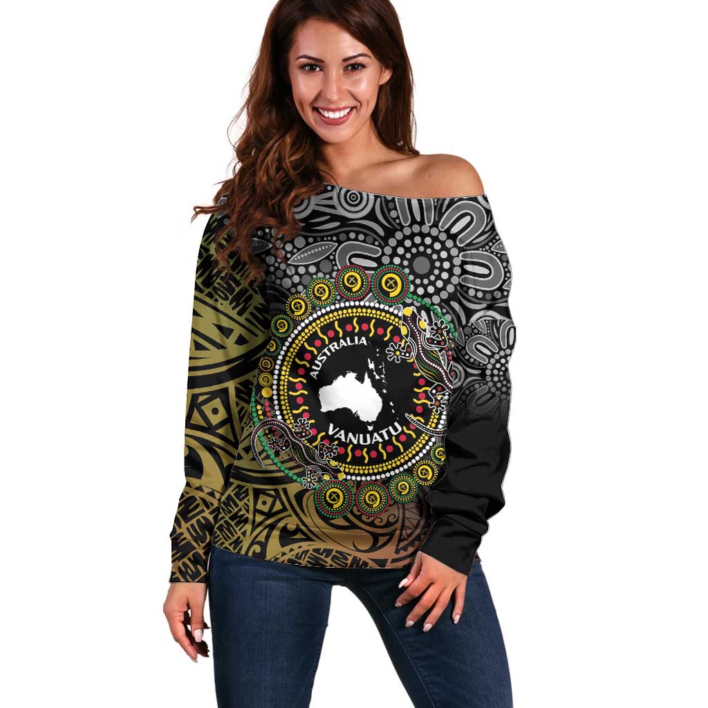 Personalised Australia And Vanuatu Off Shoulder Sweater Aboriginal Lizard Polynesia Ni-Van Pig Tusk