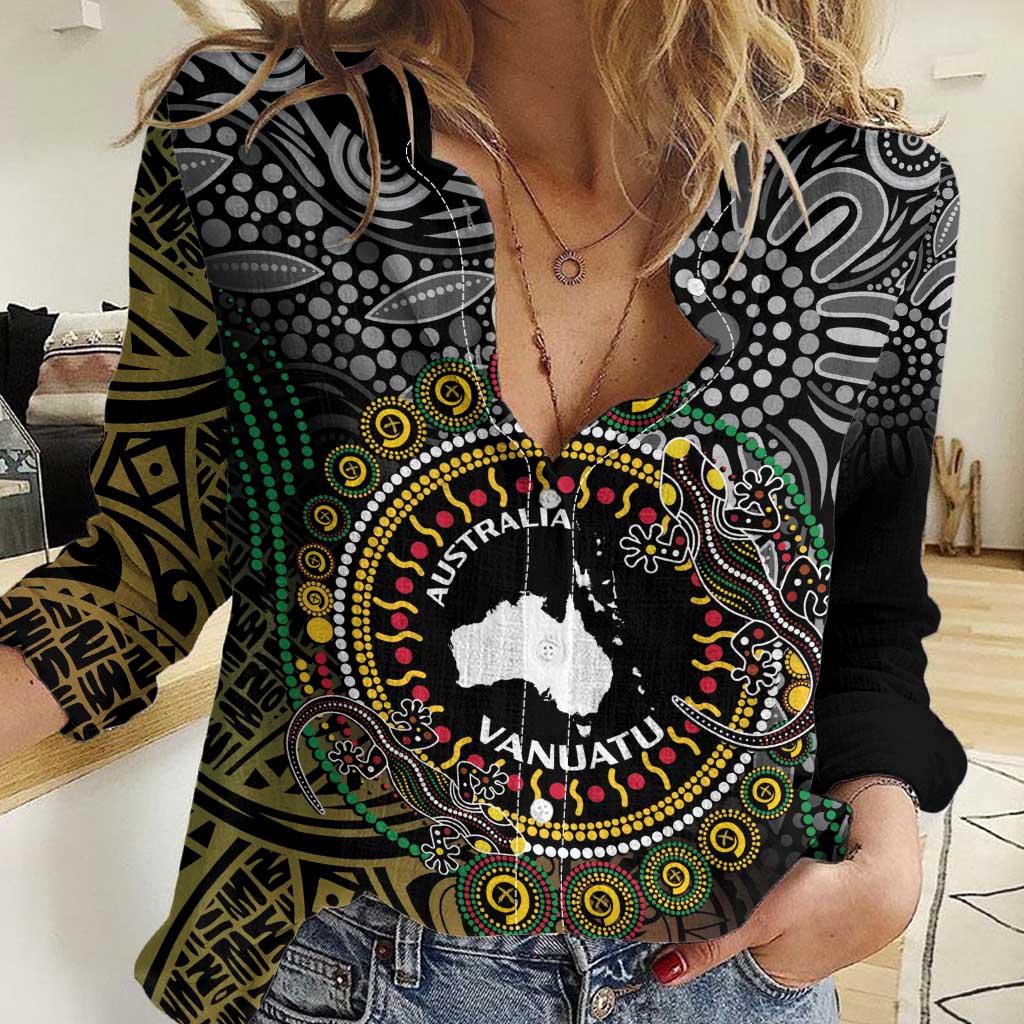 Personalised Australia And Vanuatu Women Casual Shirt Aboriginal Lizard Polynesia Ni-Van Pig Tusk LT14 Female Black - Polynesian Pride