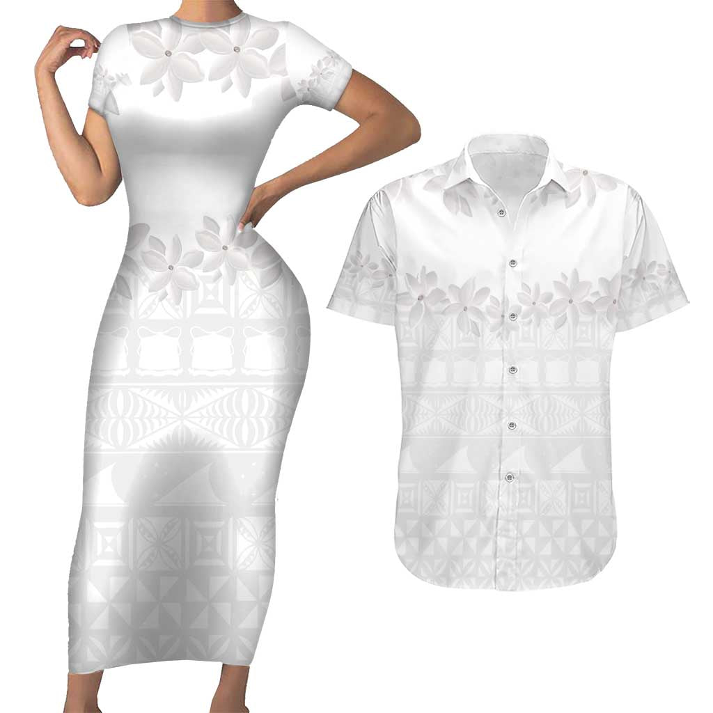 Tokelau White Sunday Couples Matching Short Sleeve Bodycon Dress and Hawaiian Shirt Polynesian Pattern Gardenia Thunbergia