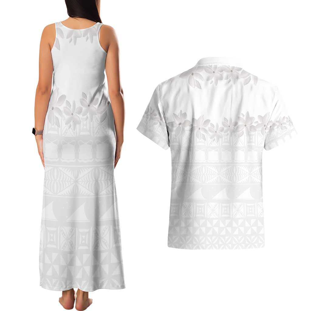 Tokelau White Sunday Couples Matching Tank Maxi Dress and Hawaiian Shirt Polynesian Pattern Gardenia Thunbergia