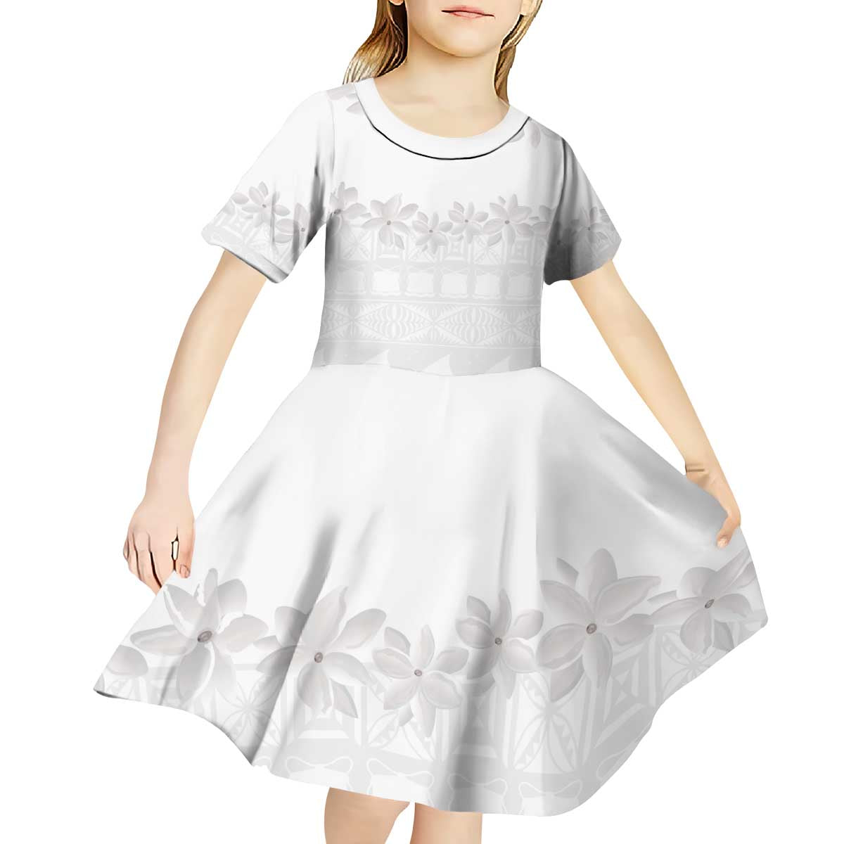 Tokelau White Sunday Kid Short Sleeve Dress Polynesian Pattern Gardenia Thunbergia
