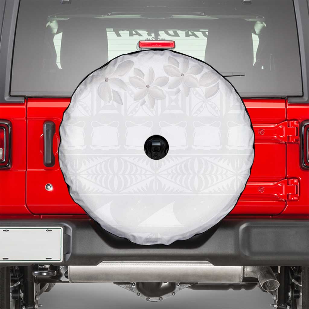 Tokelau White Sunday Spare Tire Cover Polynesian Pattern Gardenia Thunbergia
