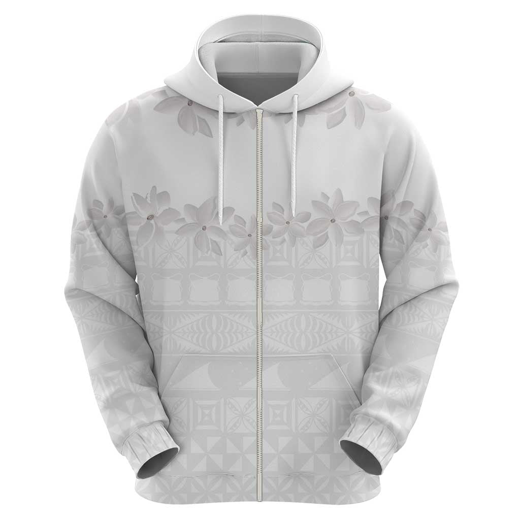 Tokelau White Sunday Zip Hoodie Polynesian Pattern Gardenia Thunbergia
