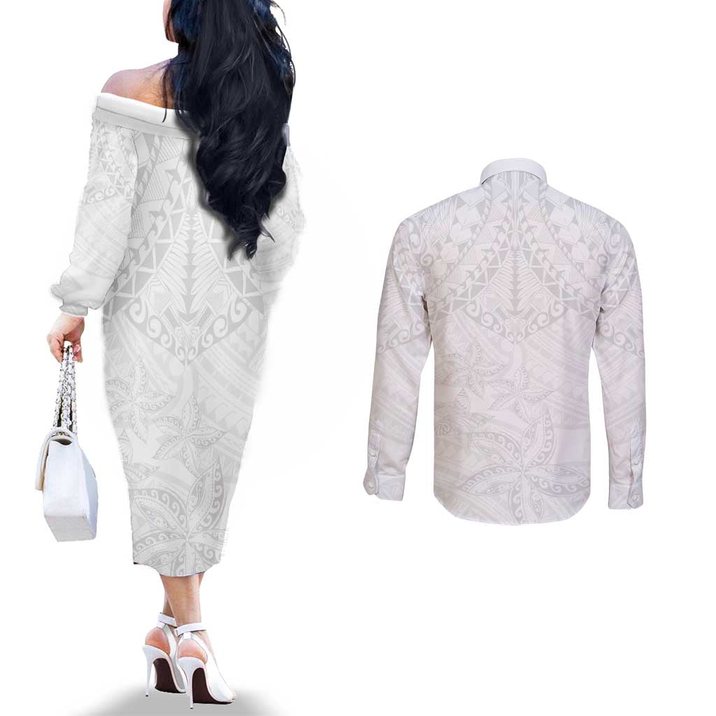 American Samoa White Sunday Couples Matching Off The Shoulder Long Sleeve Dress and Long Sleeve Button Shirt Lotu Tamaiti Plumeria With Samoan Pattern