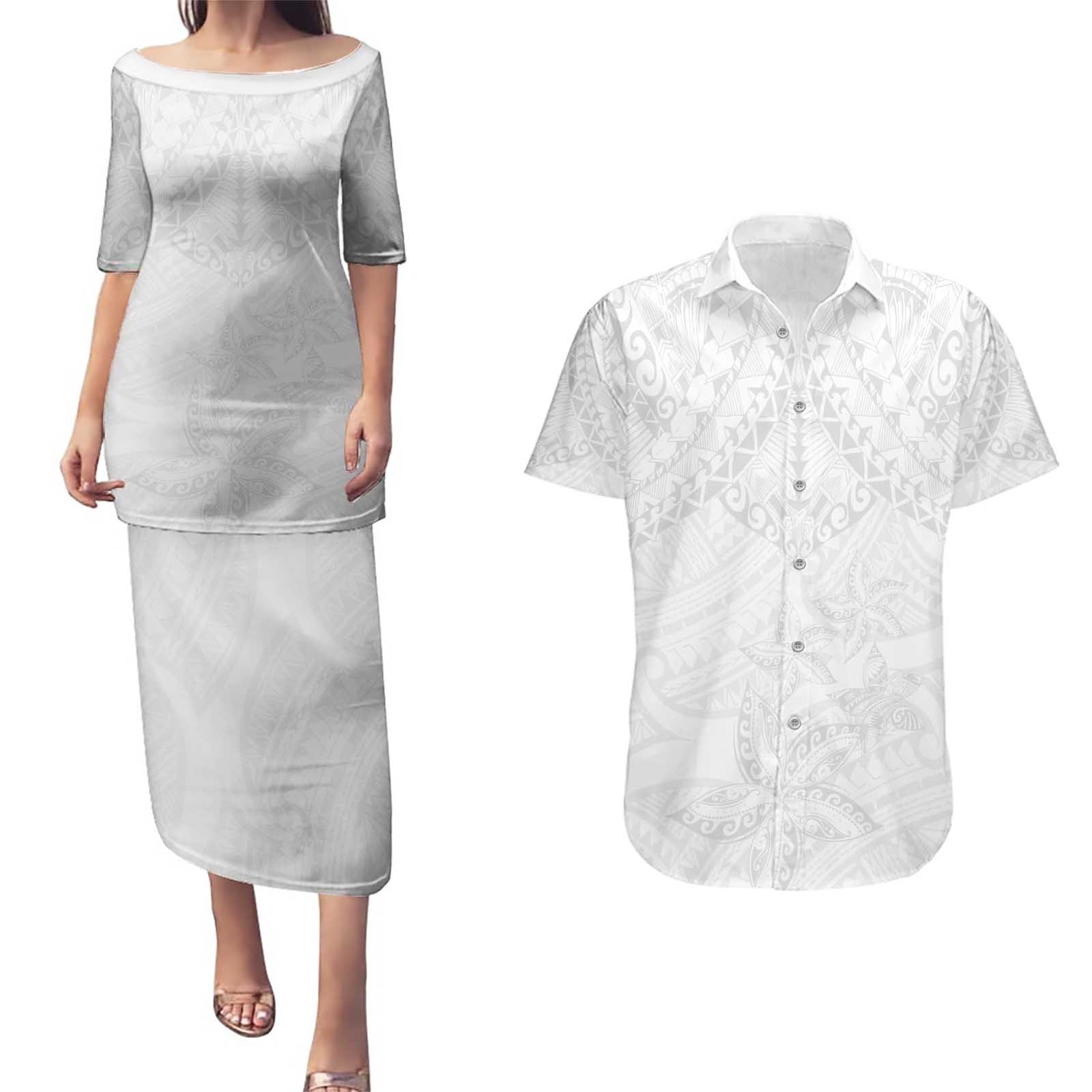 American Samoa White Sunday Couples Matching Puletasi and Hawaiian Shirt Lotu Tamaiti Plumeria With Samoan Pattern