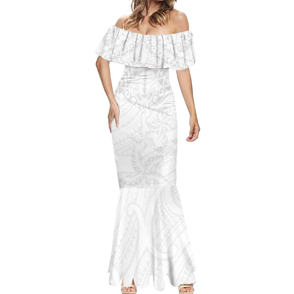 American Samoa White Sunday Mermaid Dress Lotu Tamaiti Plumeria With Samoan Pattern LT14 - Polynesian Pride