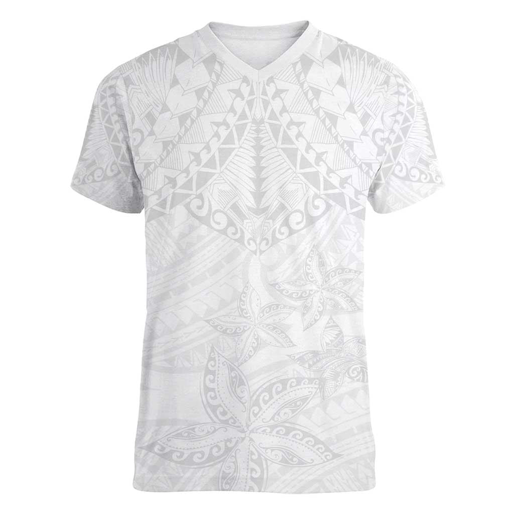 American Samoa White Sunday Women V-Neck T-Shirt Lotu Tamaiti Plumeria With Samoan Pattern