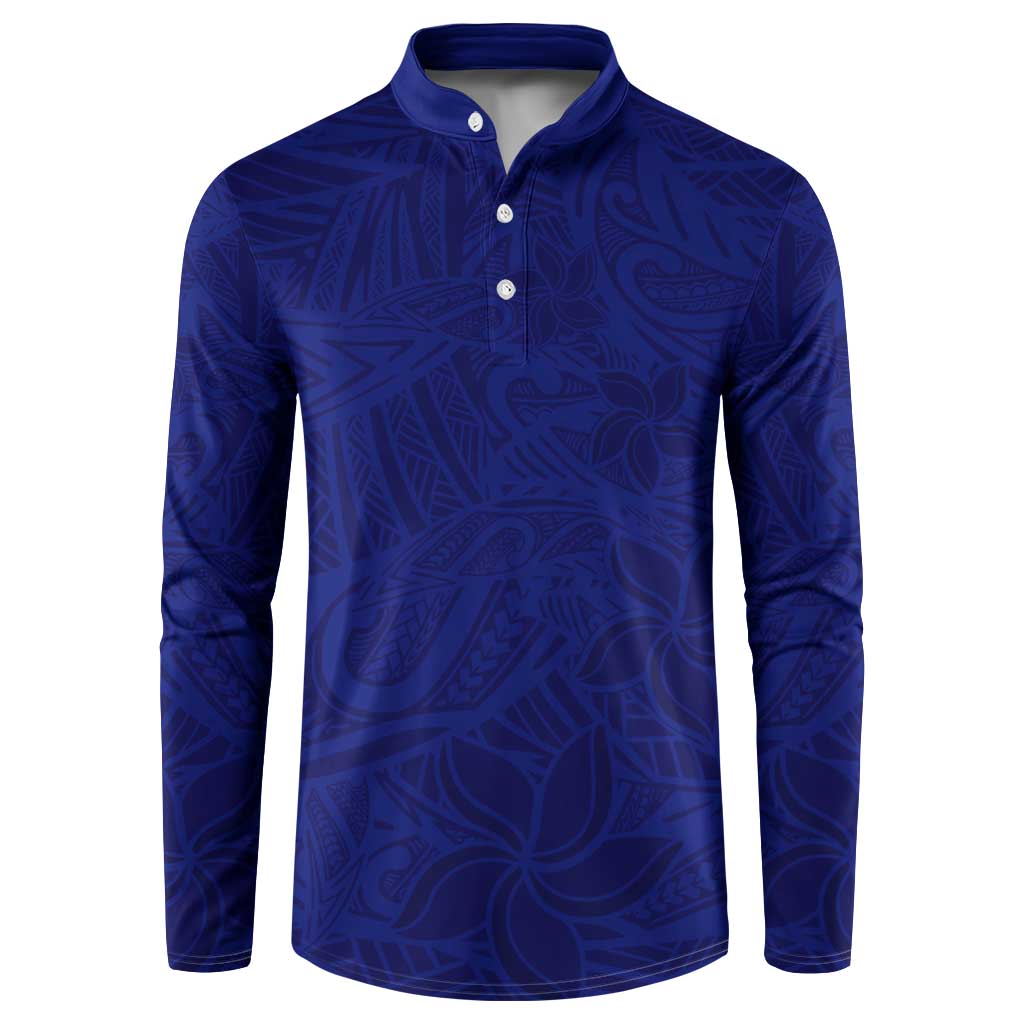 Blue Polynesia Button Sweatshirt Polynesian Pattern Mix Plumeria
