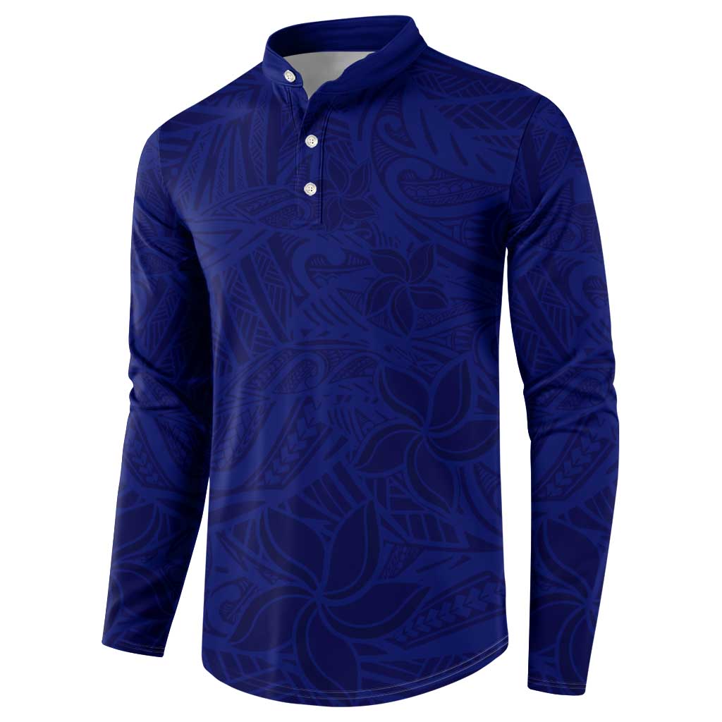 Blue Polynesia Button Sweatshirt Polynesian Pattern Mix Plumeria