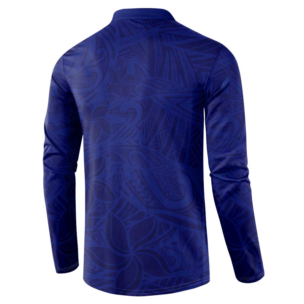 Blue Polynesia Button Sweatshirt Polynesian Pattern Mix Plumeria