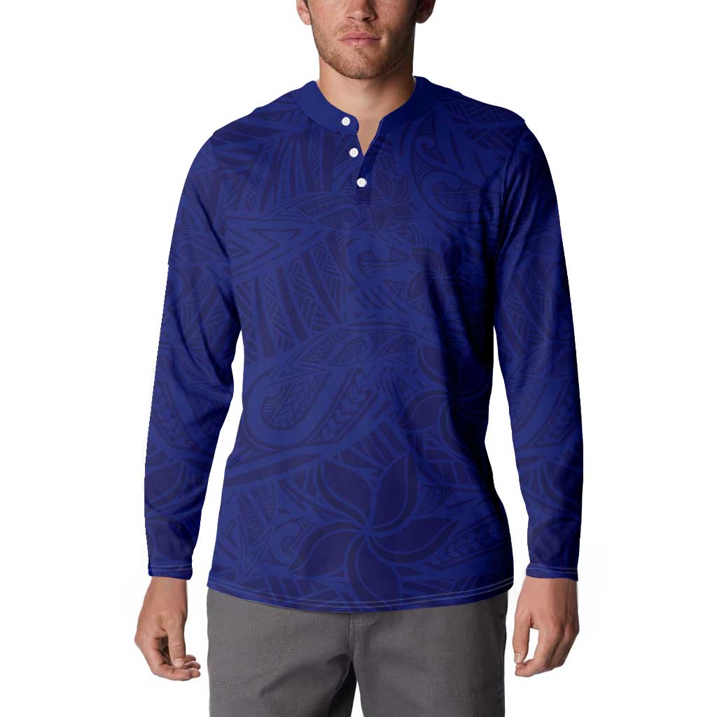 Blue Polynesia Button Sweatshirt Polynesian Pattern Mix Plumeria