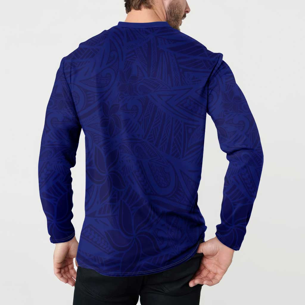 Blue Polynesia Button Sweatshirt Polynesian Pattern Mix Plumeria