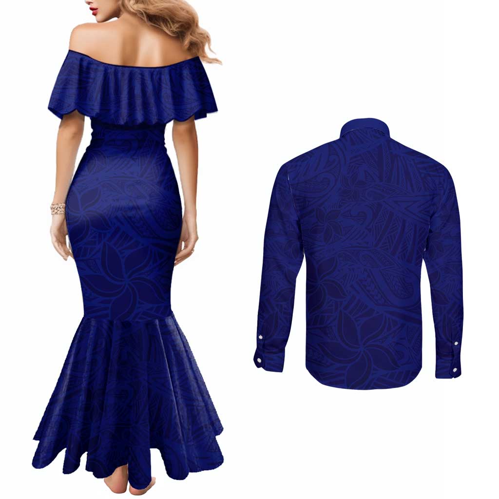Blue Polynesia Couples Matching Mermaid Dress and Long Sleeve Button Shirt Polynesian Pattern Mix Plumeria
