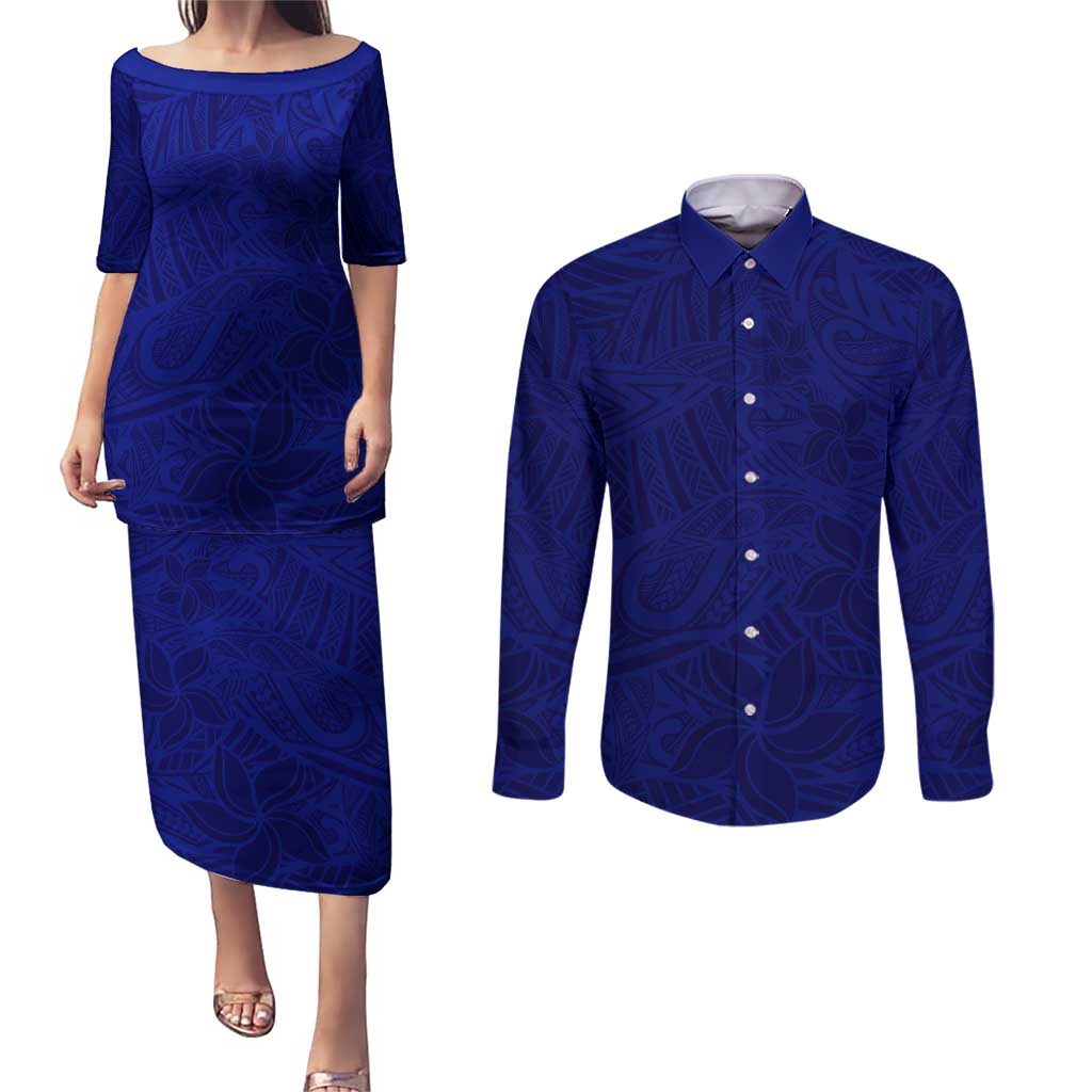 Blue Polynesia Couples Matching Puletasi and Long Sleeve Button Shirt Polynesian Pattern Mix Plumeria