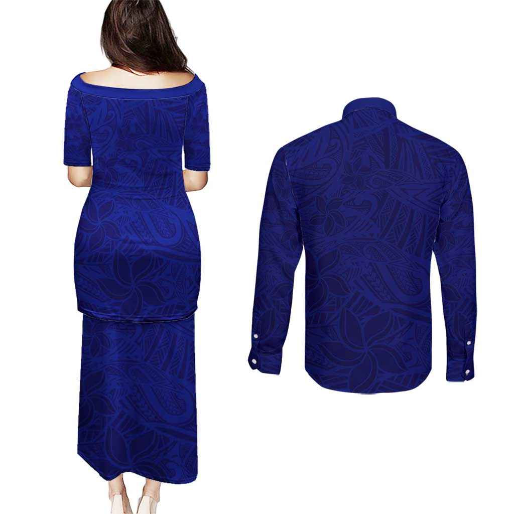 Blue Polynesia Couples Matching Puletasi and Long Sleeve Button Shirt Polynesian Pattern Mix Plumeria